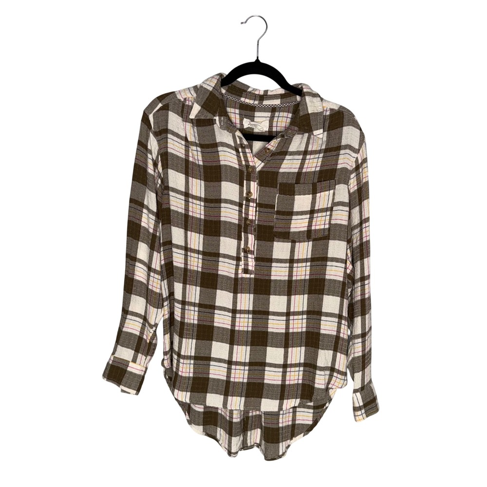 Anthropologie Plaid Tunic Women Small Brown Button Back Henley Excellent Boho